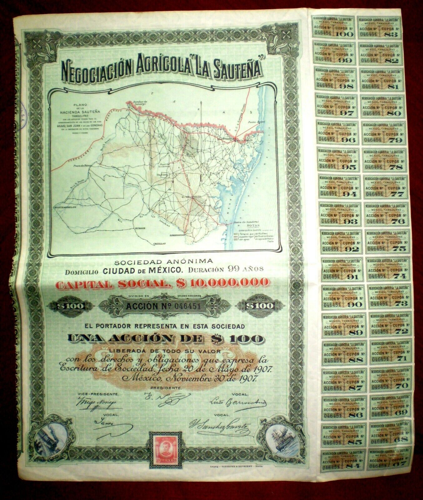 Negociación Agrícola La Sauteña, Certificado Compartir México 1907 En muy buen estado