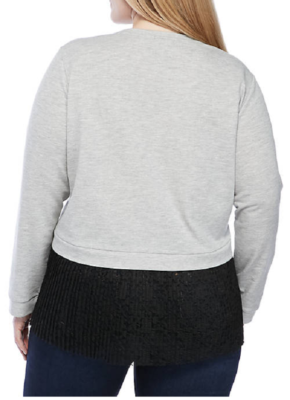 New Directions 2X Top High Low L/S French Terry Lace back Hem Gray