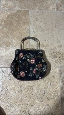 Vintage Black Floral Roses Evening Purse Metal Frame Beaded
