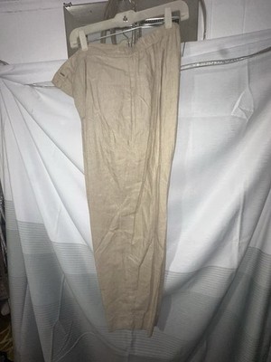 Venezia Beige Linen Cotton Blend Pleated Elastic Waist Dress Pants Women's Plus