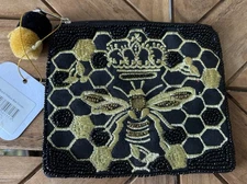 NWT Beaded Queen Bee W/ Crown Zip Pouch Bag Linen Honeycomb