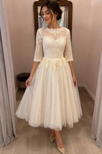Ivory Lace A-Line Tea-Length Wedding Dress Illusion Neck 3/4 Sleeve Zipper
