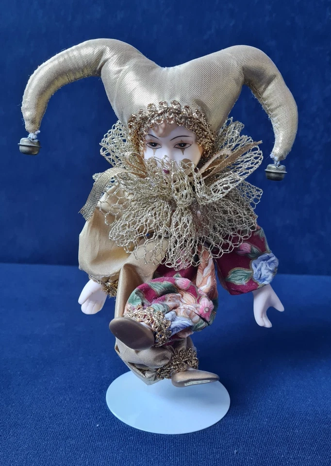 Konvolut Clown-Puppen, Harlekins, venezianisch, Stoff + Porzellan mit Stehstütze - Bild 2 von 4