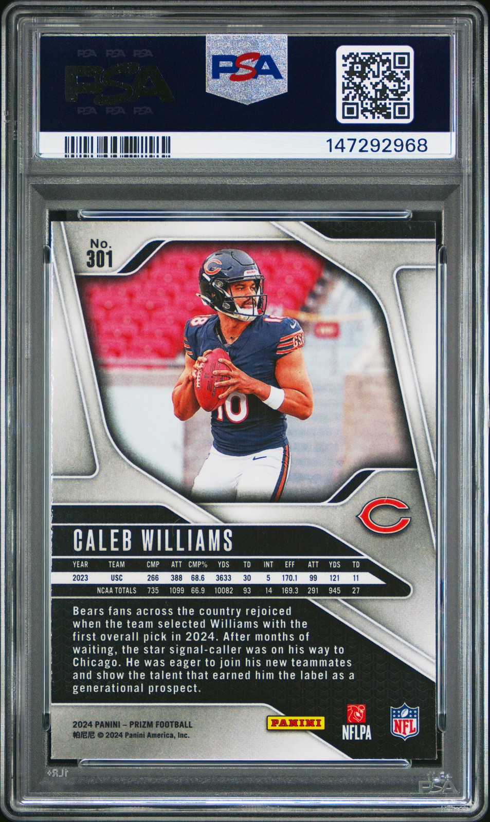 🔥 PSA 10 2024 Caleb Williams 301 Panini Prizm Rooke Gem Mint RC 🐻 view 2