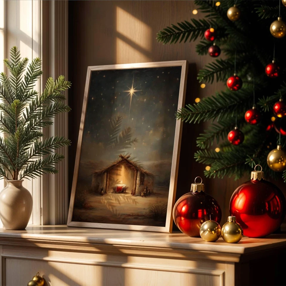 Impresión de Belén Vintage | Arte Estrella de Noche Santa | Decoración Cristiana Rústica Foto 4 de 4