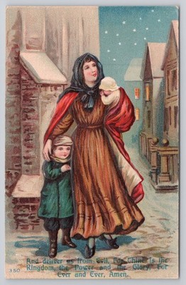 Vintage Lord's Prayer Religious Mother Children Snow Postcard