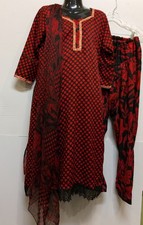 Indian/Pakistani Red/Black Design Shalwar Kameez set 3 Pcs Size L.