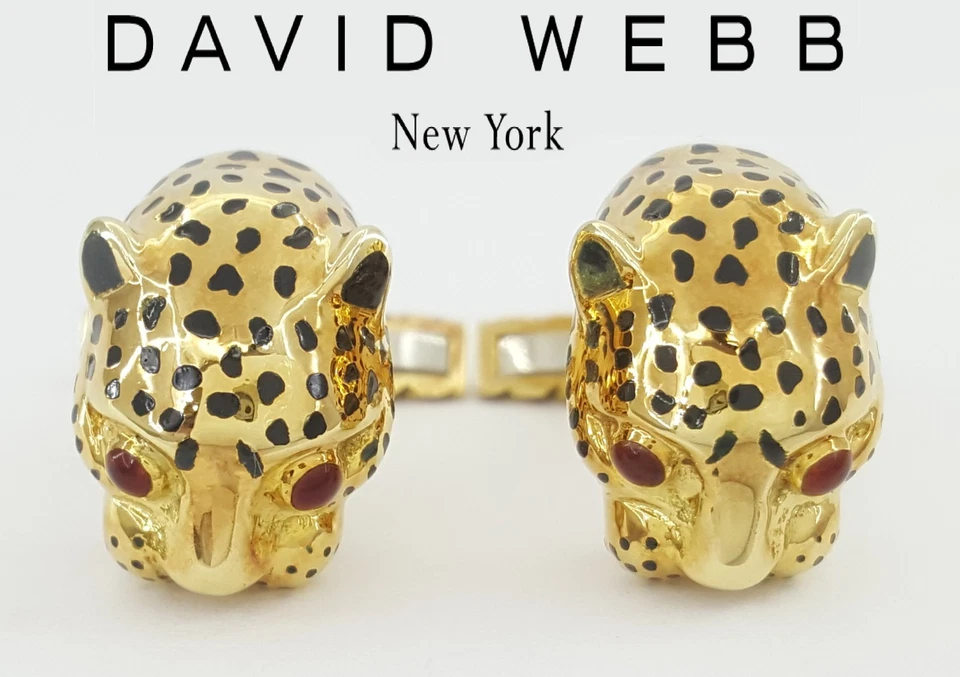 David Webb Ruby & Enamel Leopard Cufflinks 18k Yellow Gold 17.7 Grams - Image 3 of 4