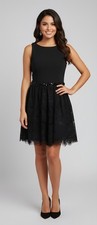ALYA Black Sleeveless Above-Knee Mini Dress w/ Lace Skirt & Embellished Belt S