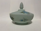 Fenton Satin Blue Custard candy dish W Lid Hand Painted Flowers Signed L Everson