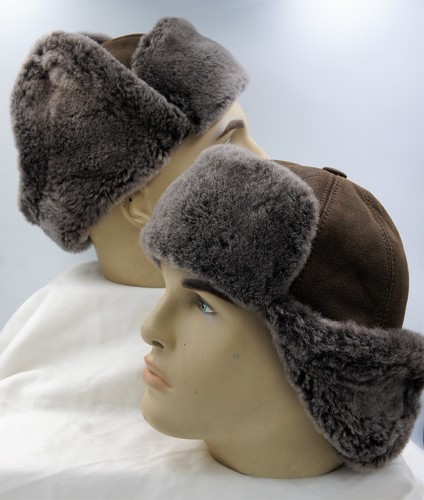 TOBACCO /GRAY 100% Sheepskin Shearling Leather Hat Trapper Ushanka Hunting M-3XL - Picture 9 of 15