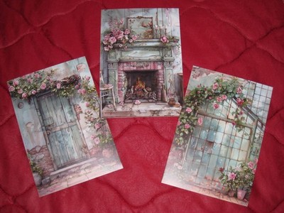 Blanc-Karten 3er Set * Türkisfarbenes Haus mit Rosen * Scrapbooking- oder Junk-J
