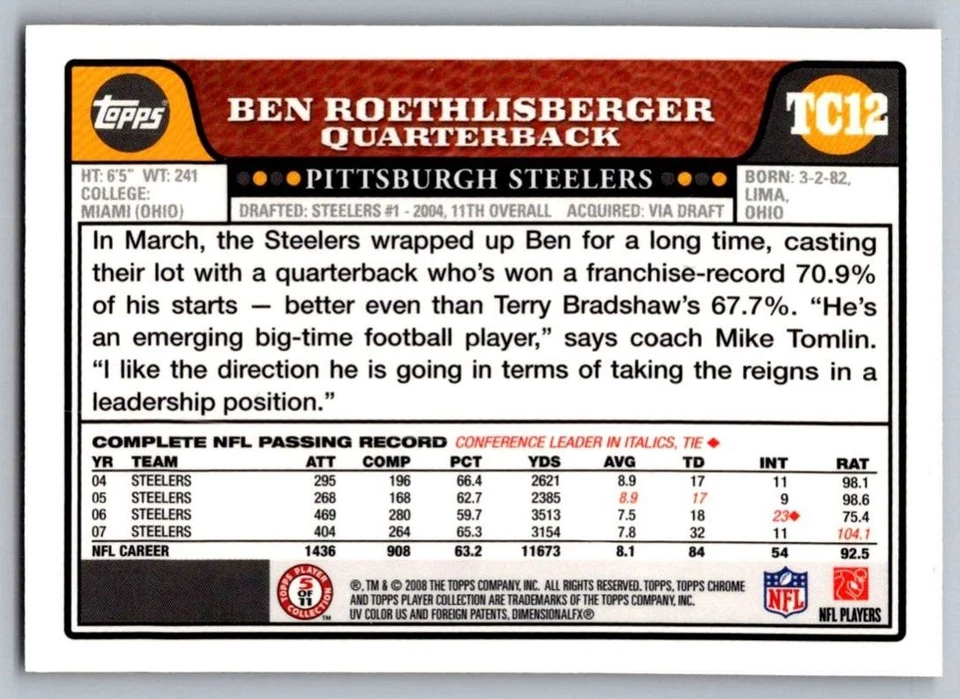 2008 Topps Chrome Ben Roethlisberger Pittsburgh Steelers #TC12 - Image 2 of 2