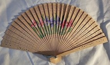 Vintage Ornate Carved  Hand Painted Wood Fan