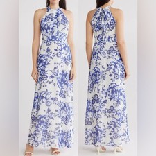 NWOT Eliza J Floral Halter Blue White Maxi Dress sz 12
