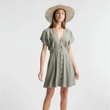 Quince Vintage Wash Tencel Button Front Dress with Tie Waist size M Olive Green