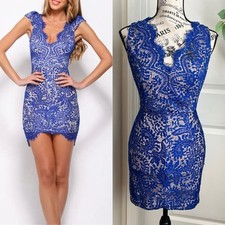 Hello Molly Lace Bodycon Open Back Mini Dress Cobalt Blue US Sz 4