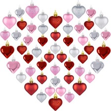 54pcs Valentines Day Heart Shaped Ornaments, Classic Red Pink Silver Hanging Bau