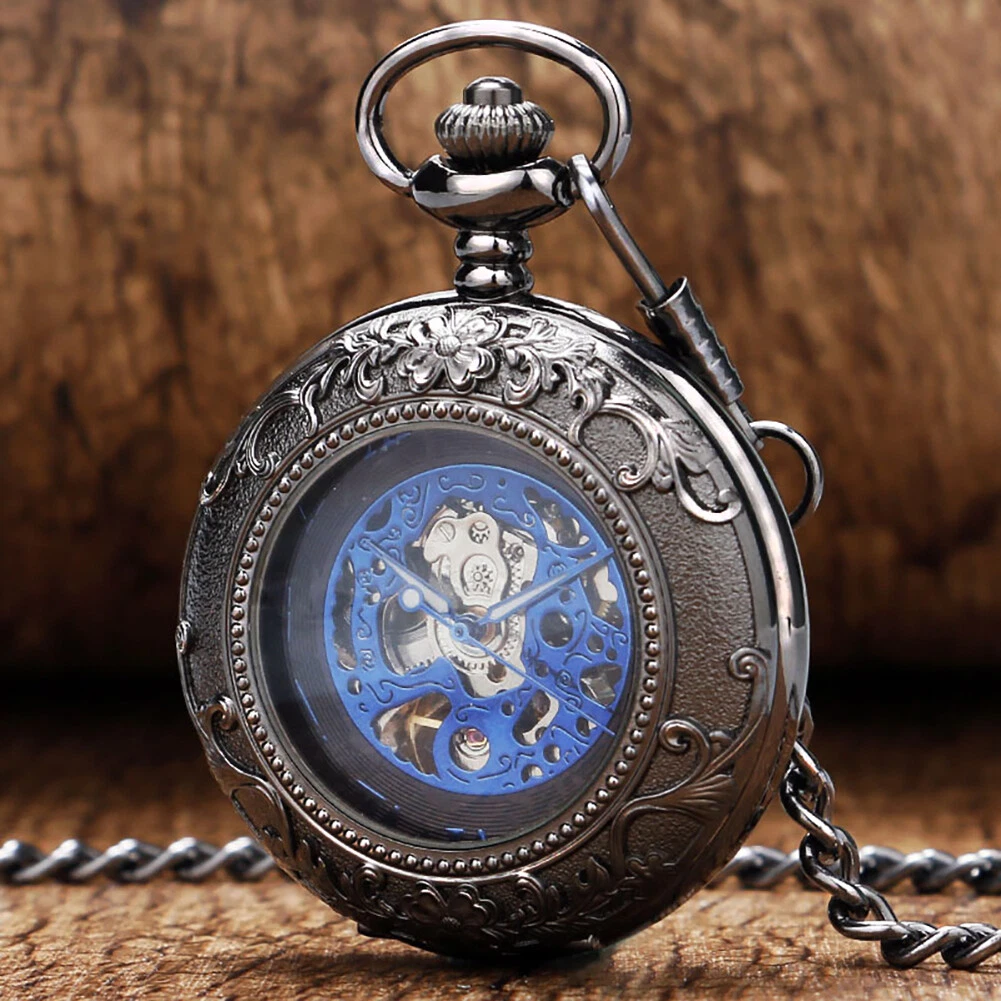 Vintage Engraved Mechanical Pocket Watch with Chain Blue Display