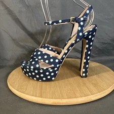 MIU MIU Platform Sandals Womens 9.5/39.5 Blue Polka Dot Print Heel Shoes