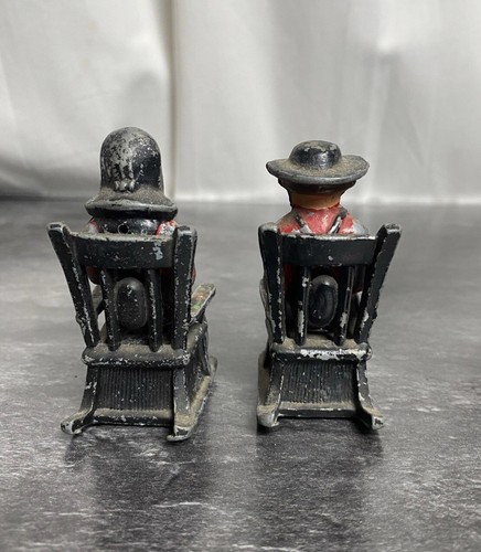 Vintage Antique Amish Man Women Salt Pepper Shaker Set Rocking Chair Metal 1950s - Picture 3 of 9