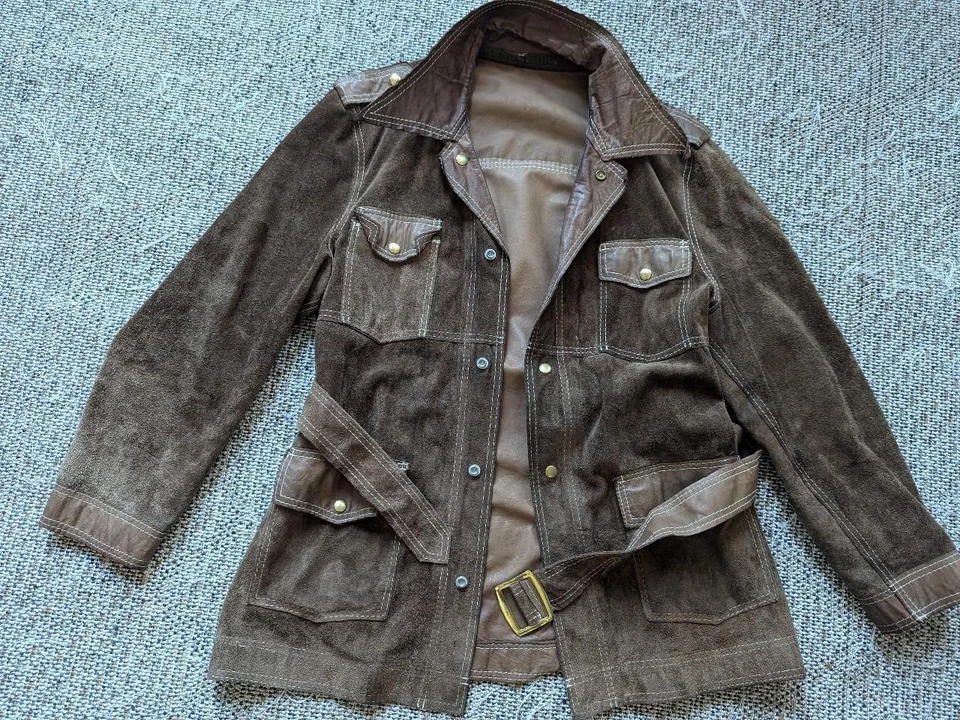 vintage SEARS split-suede COWHIDE leather coat 42 brown BELTED western rancher M - Image 3 of 4