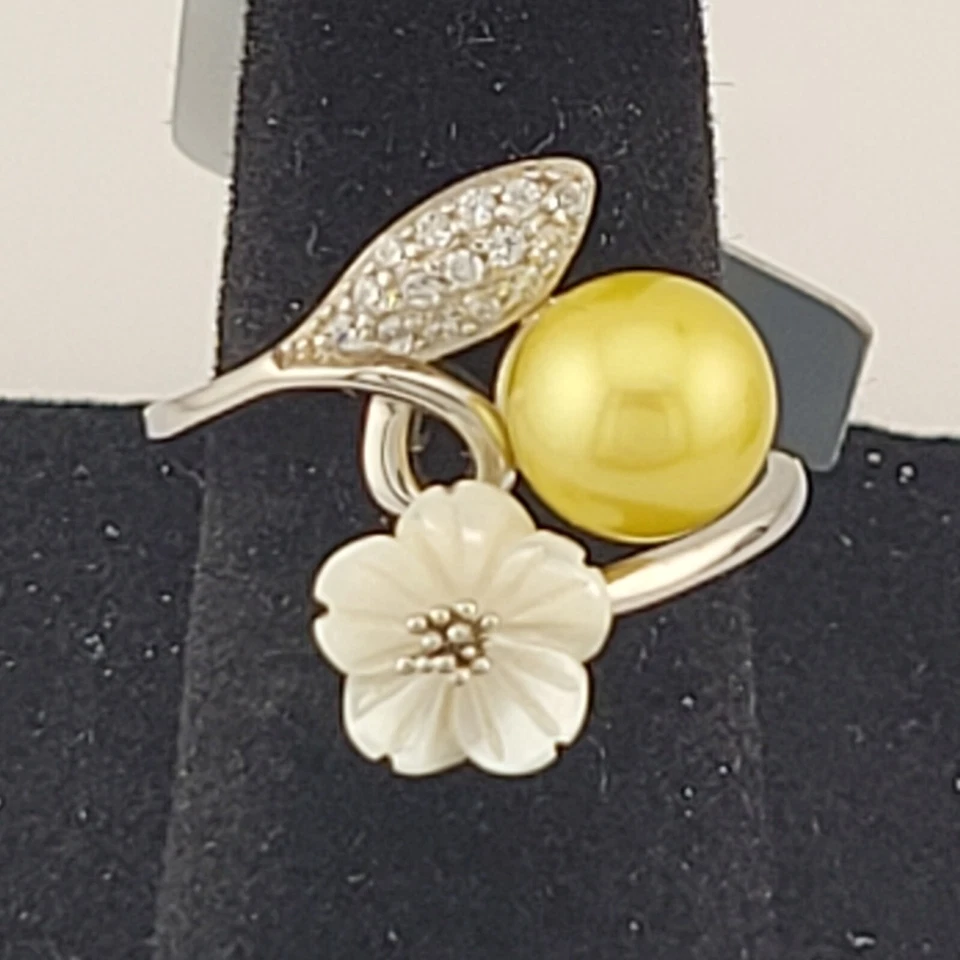 Nuevo Anillo Distintivo Flor MOP Perla Natural Amarilla Plata de Ley 925 Talla 7 Foto 4 de 4
