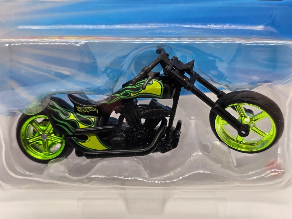 2024 Mattel Hot Wheels Street Power TWIN FLAME Motorcycle Green Metallic Wheels - Image 2 of 4