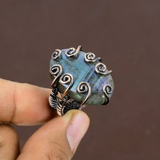 Labradorite Gemstone Copper Wire Wrap Jewelry Ring Size 9 X-Mas Gift w867