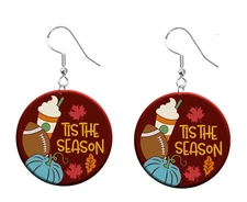 Autumn Pumpkin Spice, Football Season Button Earrings Jewelry 1" Dangle NEW