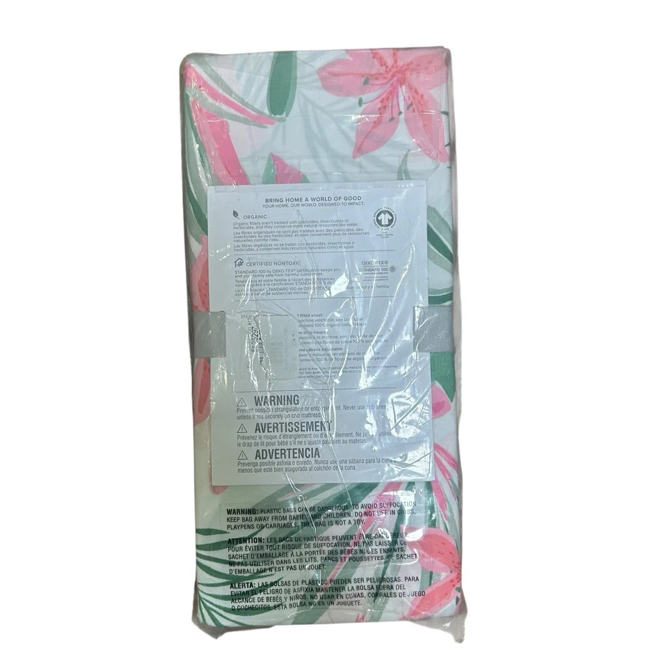 NWT Pottery Barn Kids Allover Palm organic cotton crib sheet pink floral print - Image 3 of 3