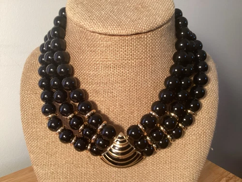 GIVENCHY Collana Girocollo 3 Fili Nero Perline Tono Oro Ciondolo Vintage Spedizione gratuita