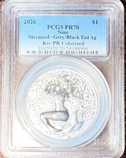 2026 Niue 1 Silver .999 Mermaid Grey/Black Tail Reverse Proof Colorized