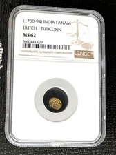1700 - 1794 India Gold Fanam. Dutch-Tuticorin. NGC MS 62, 029