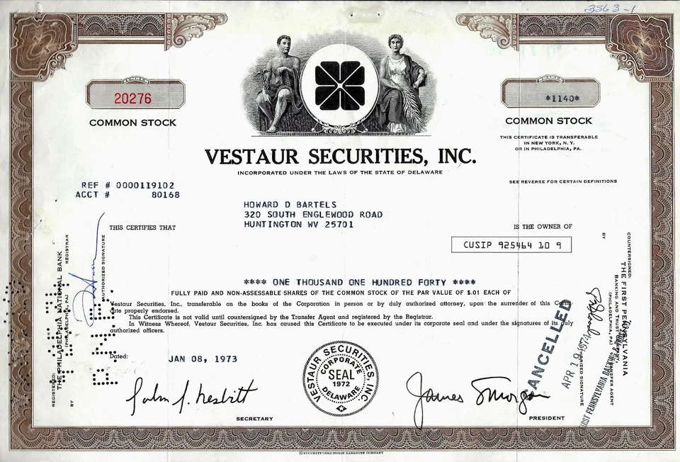 Vestaur Securities Inc., 08.01.1973 - 1.140 Shares - Bild 1 von 1
