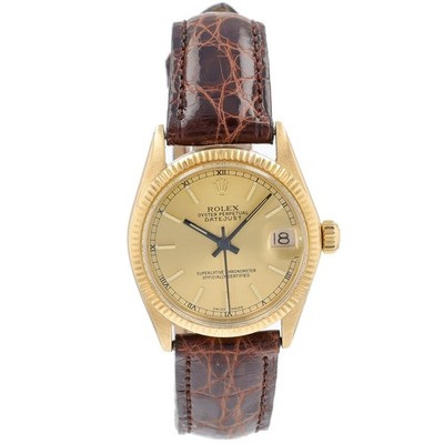 Rolex Ladies Watch Datejust 6827 31mm Champagne Dial Fluted Bezel Brown Band