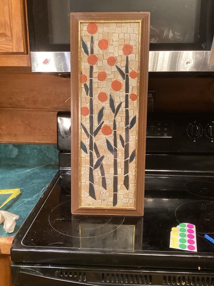 Stunning 1960s orange floral mosaic tile wall art panel — bold, handcrafted, and impossible to find at Target.