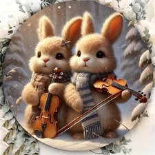 Rustic Round Tin Metal Sign Charming Snowy Rabbit Violin Winter 8x8