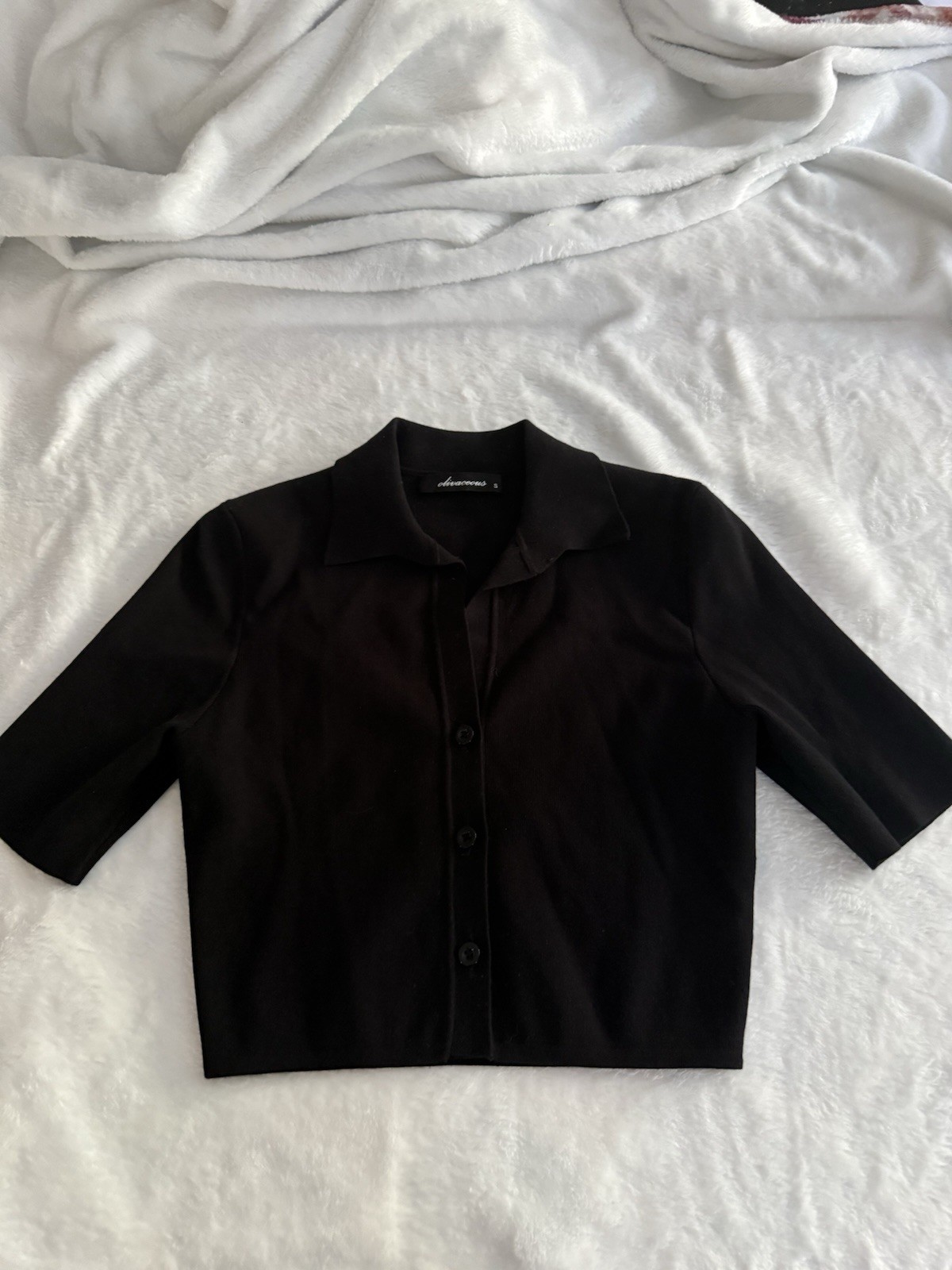 Olivaceous Black Button Down Cropped Stretch Top S - image 2
