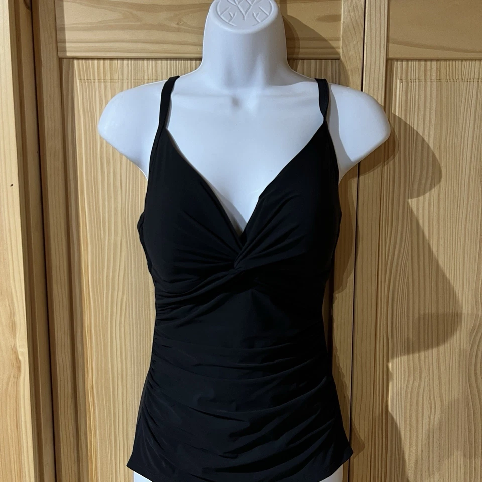 LL BEAN Black One Piece Swimsuit Ruched Draped Front Size 10 UPF 40+ - Image 2 of 4