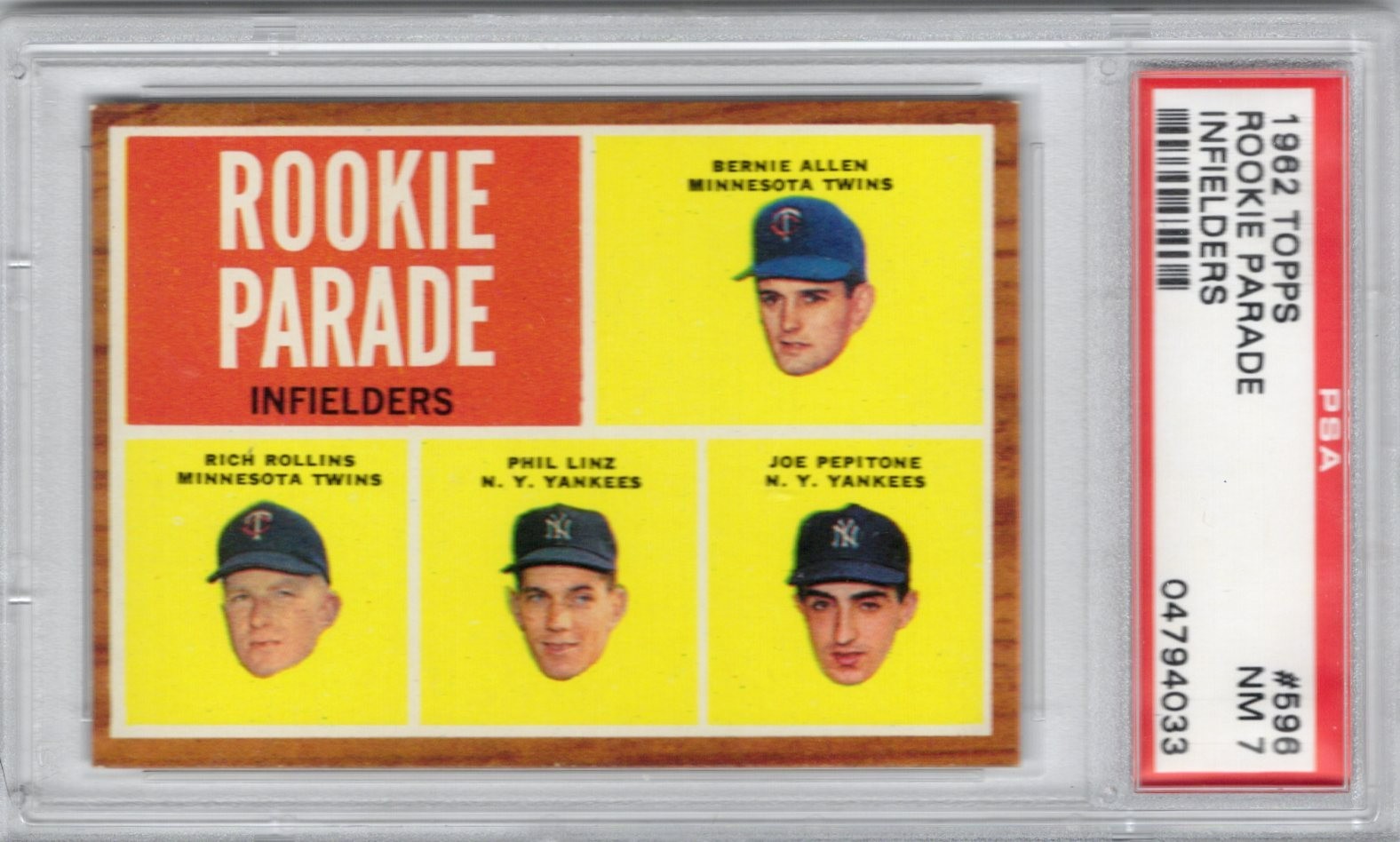 1962 Topps #596 Rookie Parade Infielders Joe Pepitone RC PSA 7 NM