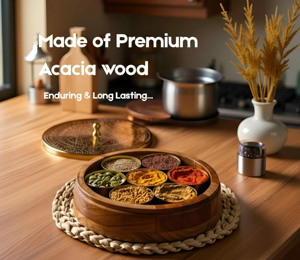 Acacia Wood Spice Box with 7 Stainless Steel Containers & Spoon – Round Masala D
Opens in a new wind