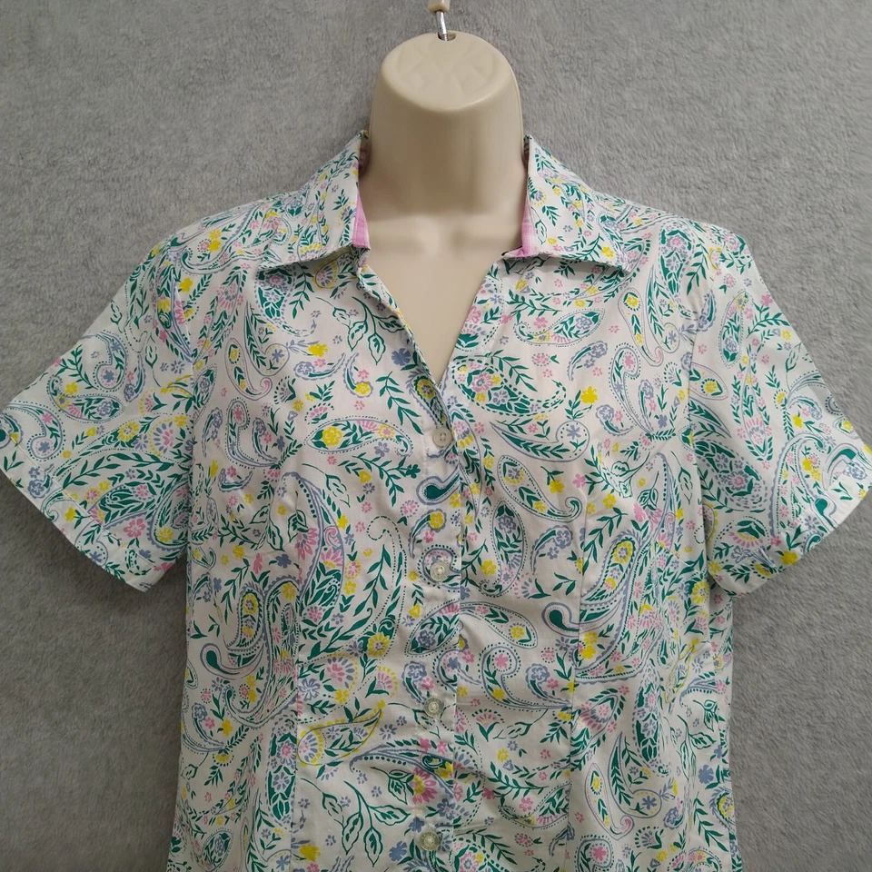 Camisa Top Blusa Laura Scott Botón Mujer Pequeña Blanca Verde Manga Corta Informal Foto 3 de 4