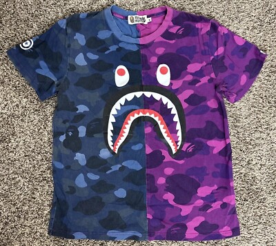 BAPE A Bathing Ape Mens Blue and Purple Camo Shark Motif T Shirt Size Medium