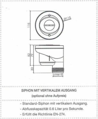 senkrechter Sifon Zusatzoption zu MGW Silex mit QUADRATISCHER ABLAUFABDECKUNG