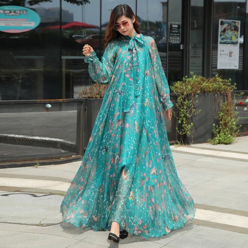Long Sleeve Floral Print Dress Boho Plus Size Garden Dress Elegant Vestidos  Robe | eBay
