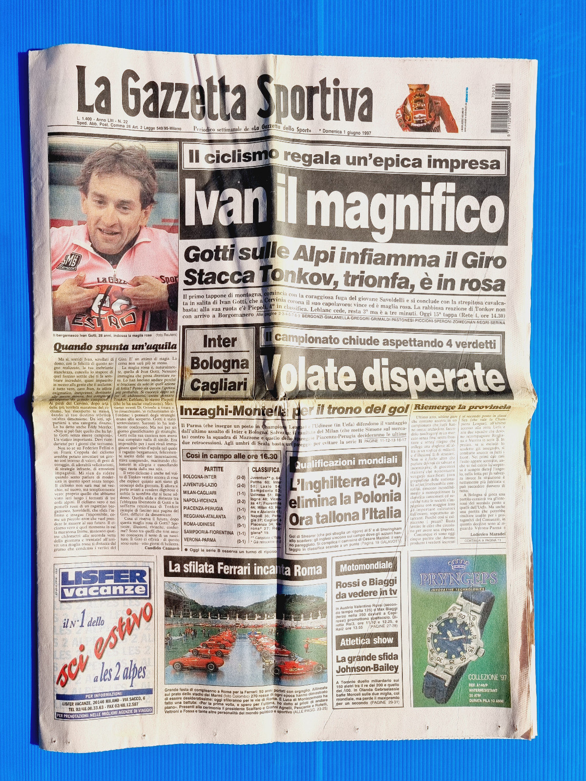 GAZZETTA DELLO SPORT 9 giugno 1997. CICLISMO GIR D'ITALIA GAZZETTA DELLO SPORT 9 giugno 1997. CICLISMO GIR D'ITALIA