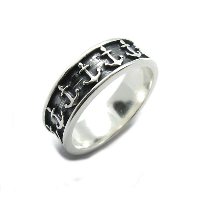 Handmade 925 Silver Band Ring - Anchor Motif 7mm, Size 46-75, Nickel Free