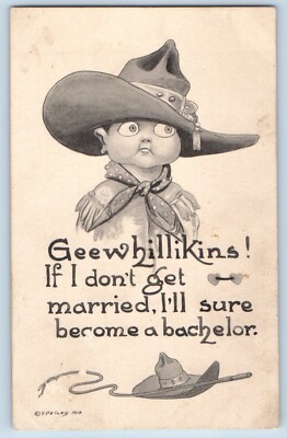 Signed Postcard Little Cowboy If I Don't Get Married I'll Sure Become A Bachelor