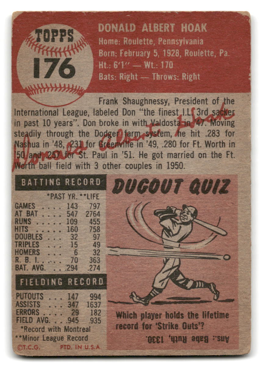 Don Hoak 1953 Topps #176 Brooklyn Dodgers BASEBALL - Picture 2 of 2